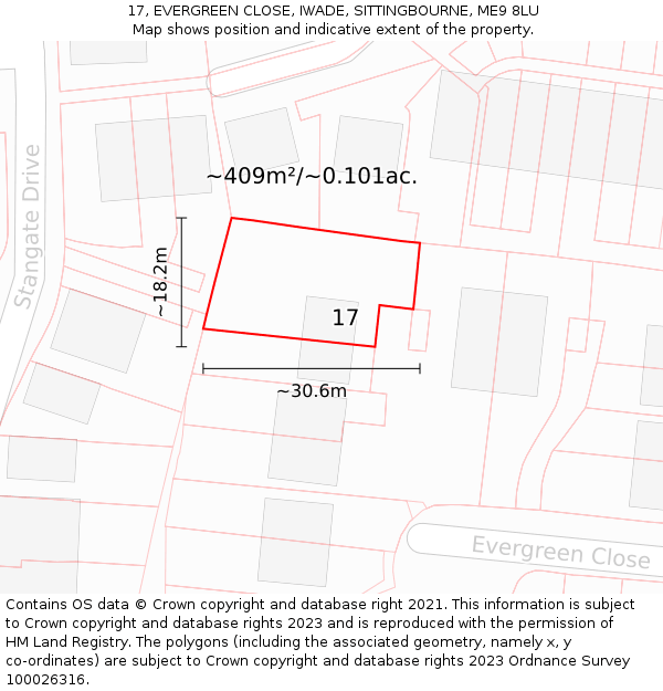 17, EVERGREEN CLOSE, IWADE, SITTINGBOURNE, ME9 8LU: Plot and title map