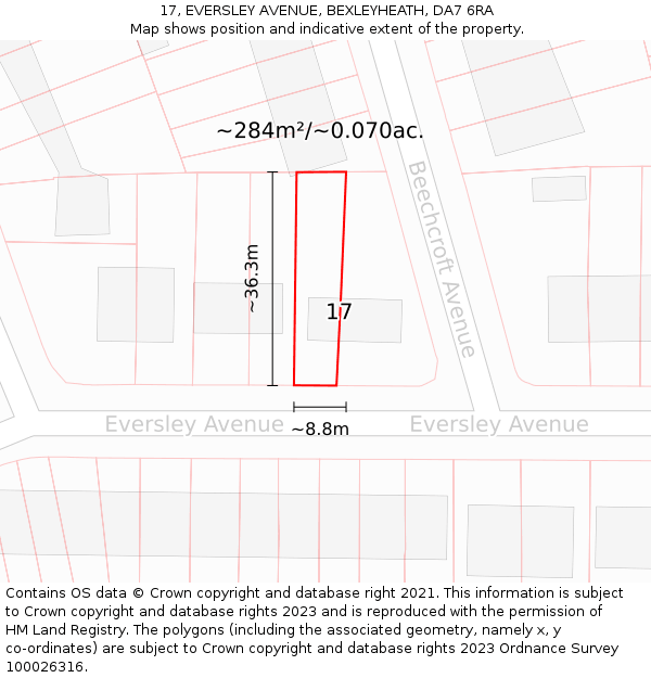 17, EVERSLEY AVENUE, BEXLEYHEATH, DA7 6RA: Plot and title map