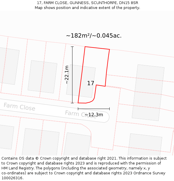 17, FARM CLOSE, GUNNESS, SCUNTHORPE, DN15 8SR: Plot and title map