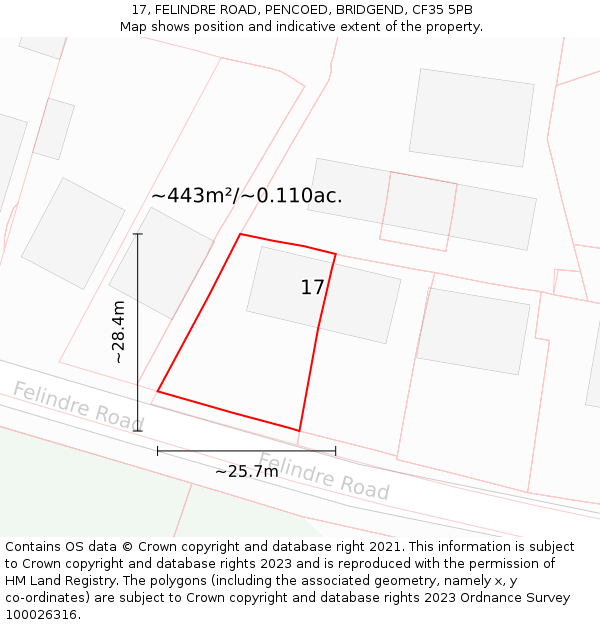 17, FELINDRE ROAD, PENCOED, BRIDGEND, CF35 5PB: Plot and title map