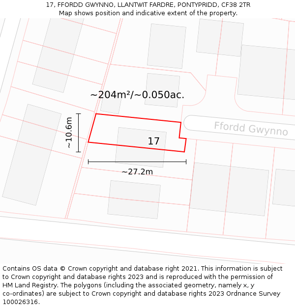 17, FFORDD GWYNNO, LLANTWIT FARDRE, PONTYPRIDD, CF38 2TR: Plot and title map