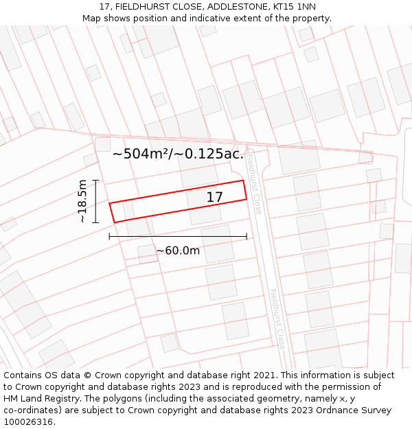 17, FIELDHURST CLOSE, ADDLESTONE, KT15 1NN: Plot and title map