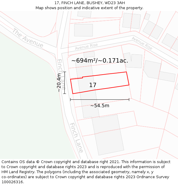 17, FINCH LANE, BUSHEY, WD23 3AH: Plot and title map