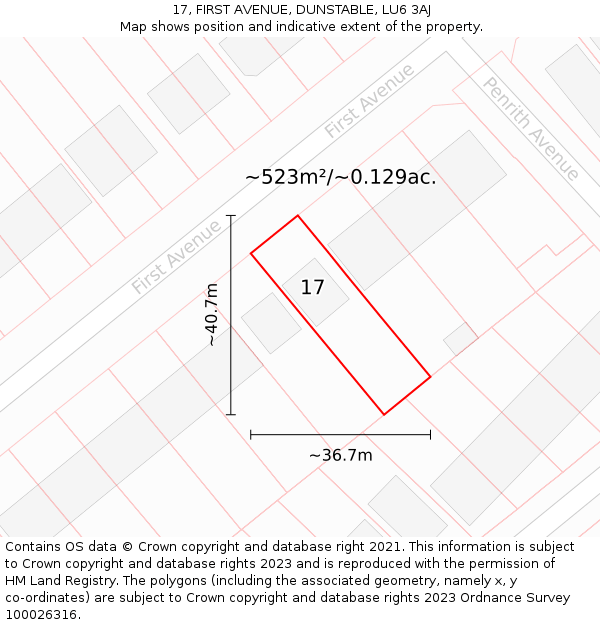 17, FIRST AVENUE, DUNSTABLE, LU6 3AJ: Plot and title map