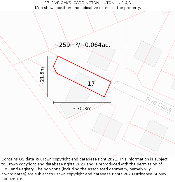 17, FIVE OAKS, CADDINGTON, LUTON, LU1 4JD: Plot and title map