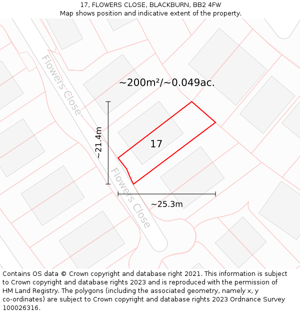 17, FLOWERS CLOSE, BLACKBURN, BB2 4FW: Plot and title map
