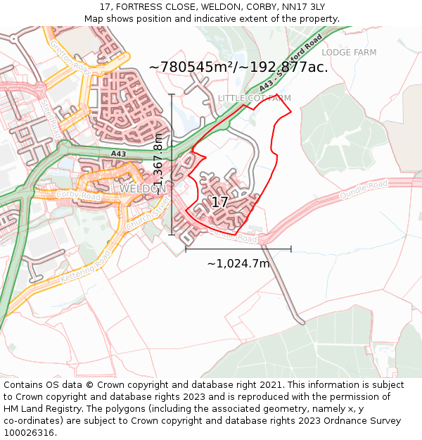 17, FORTRESS CLOSE, WELDON, CORBY, NN17 3LY: Plot and title map