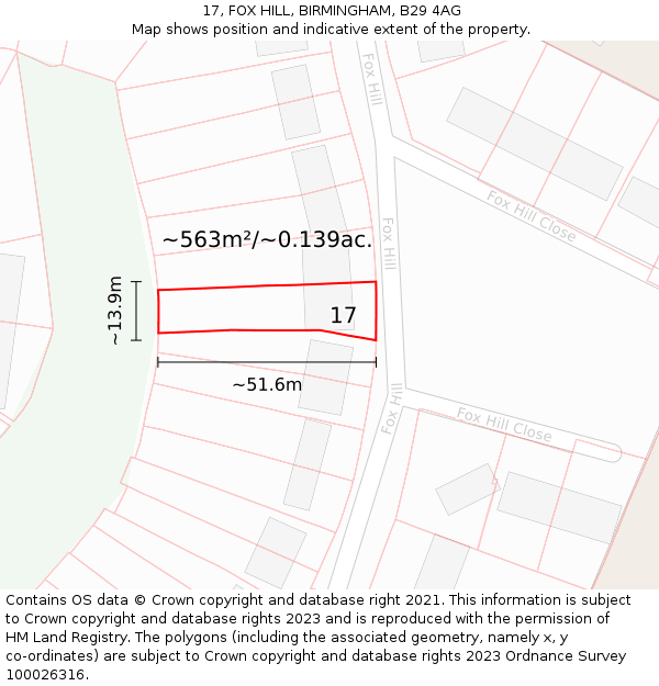17, FOX HILL, BIRMINGHAM, B29 4AG: Plot and title map