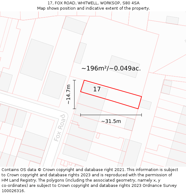17, FOX ROAD, WHITWELL, WORKSOP, S80 4SA: Plot and title map