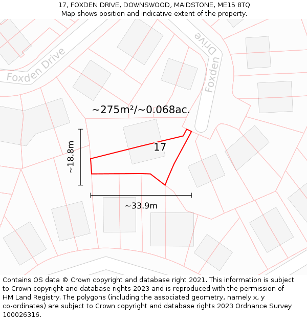 17, FOXDEN DRIVE, DOWNSWOOD, MAIDSTONE, ME15 8TQ: Plot and title map