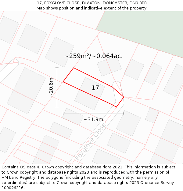17, FOXGLOVE CLOSE, BLAXTON, DONCASTER, DN9 3PR: Plot and title map