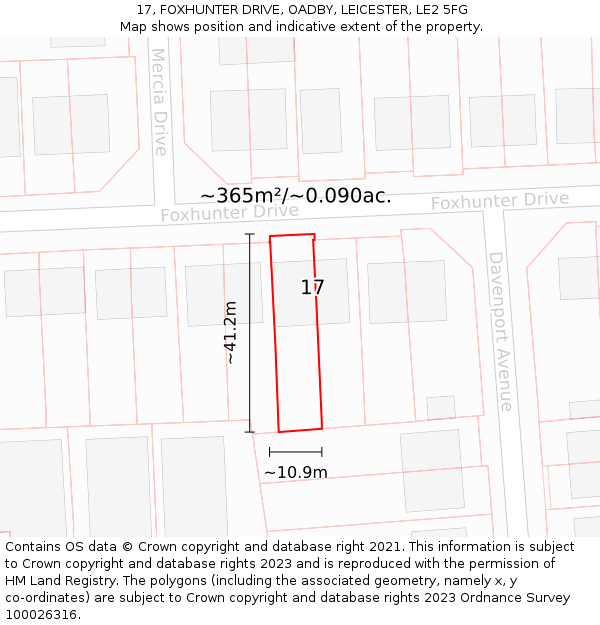 17, FOXHUNTER DRIVE, OADBY, LEICESTER, LE2 5FG: Plot and title map