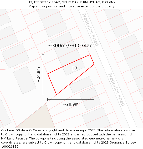 17, FREDERICK ROAD, SELLY OAK, BIRMINGHAM, B29 6NX: Plot and title map