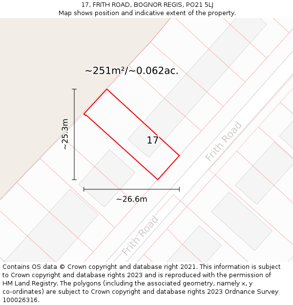 17, FRITH ROAD, BOGNOR REGIS, PO21 5LJ: Plot and title map