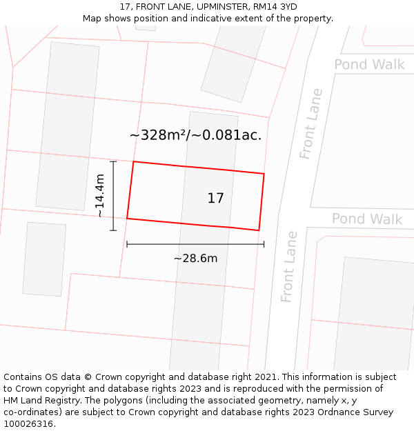 17, FRONT LANE, UPMINSTER, RM14 3YD: Plot and title map