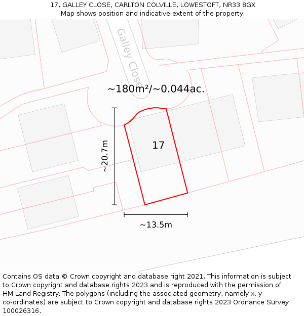 17, GALLEY CLOSE, CARLTON COLVILLE, LOWESTOFT, NR33 8GX: Plot and title map