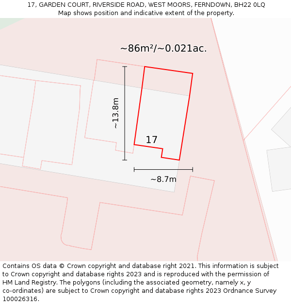 17, GARDEN COURT, RIVERSIDE ROAD, WEST MOORS, FERNDOWN, BH22 0LQ: Plot and title map