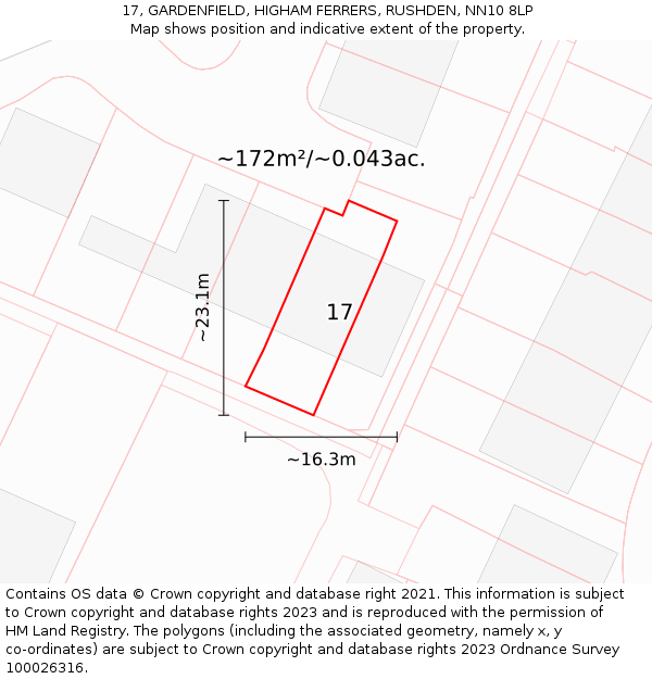 17, GARDENFIELD, HIGHAM FERRERS, RUSHDEN, NN10 8LP: Plot and title map
