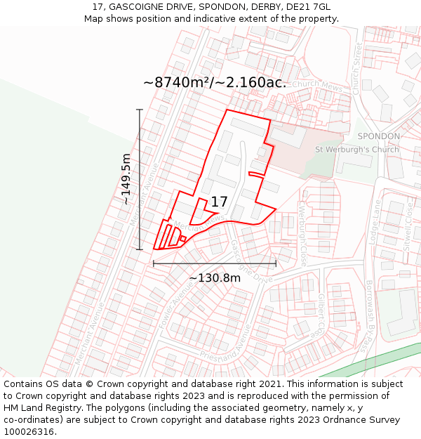 17, GASCOIGNE DRIVE, SPONDON, DERBY, DE21 7GL: Plot and title map