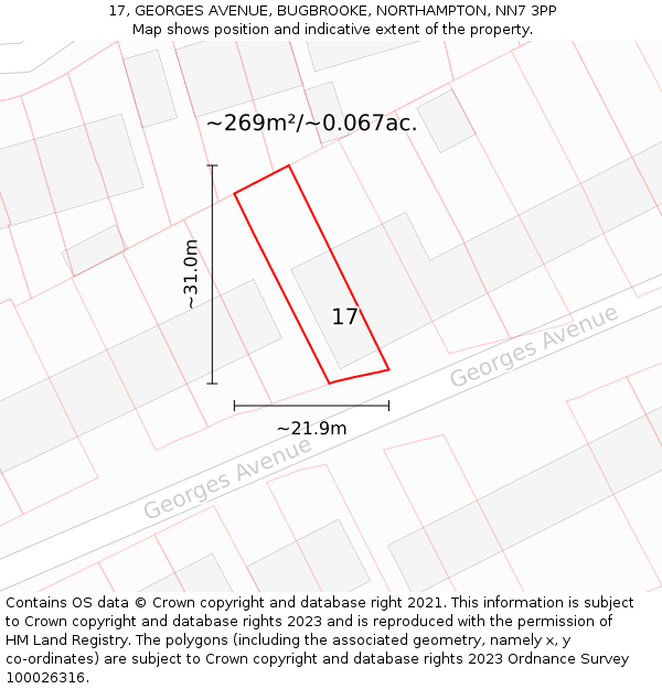 17, GEORGES AVENUE, BUGBROOKE, NORTHAMPTON, NN7 3PP: Plot and title map