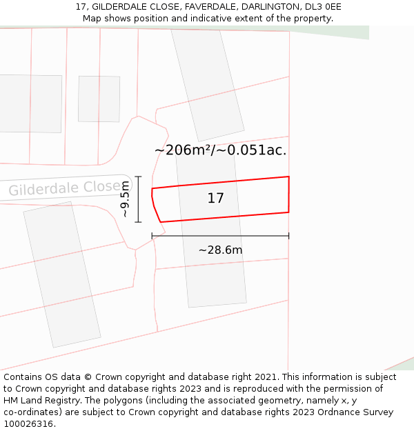 17, GILDERDALE CLOSE, FAVERDALE, DARLINGTON, DL3 0EE: Plot and title map