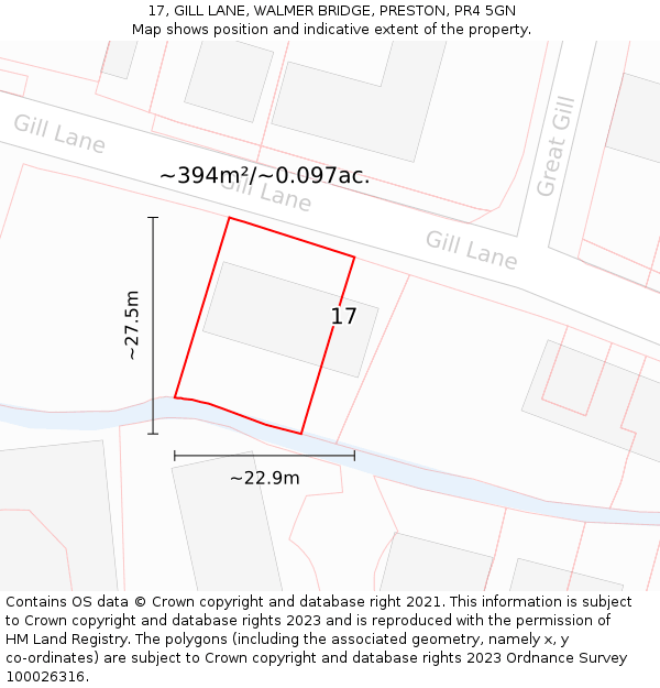 17, GILL LANE, WALMER BRIDGE, PRESTON, PR4 5GN: Plot and title map