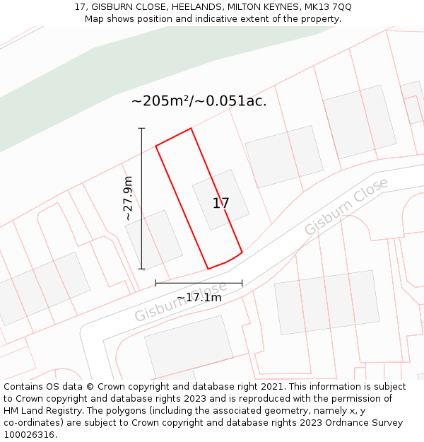 17, GISBURN CLOSE, HEELANDS, MILTON KEYNES, MK13 7QQ: Plot and title map