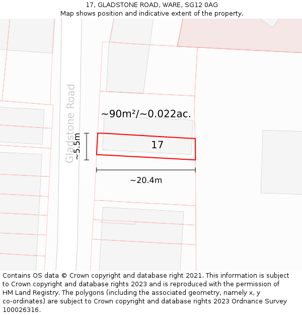 17, GLADSTONE ROAD, WARE, SG12 0AG: Plot and title map