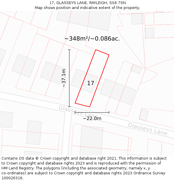 17, GLASSEYS LANE, RAYLEIGH, SS6 7SN: Plot and title map