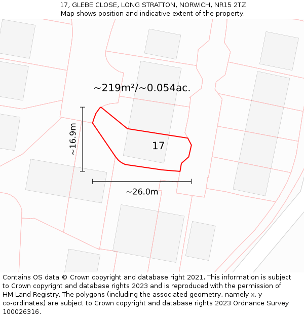 17, GLEBE CLOSE, LONG STRATTON, NORWICH, NR15 2TZ: Plot and title map