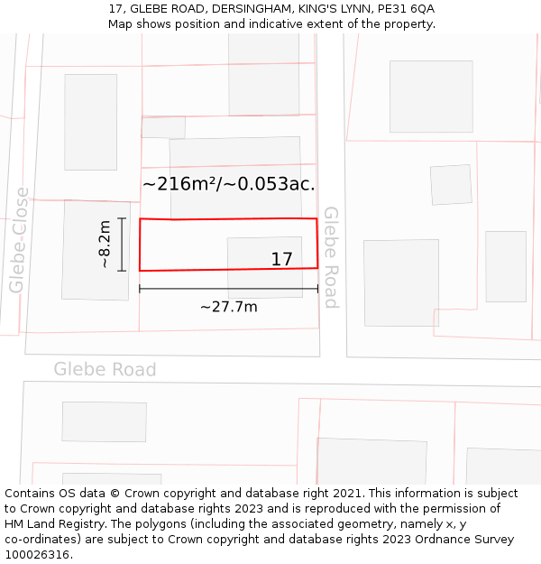 17, GLEBE ROAD, DERSINGHAM, KING'S LYNN, PE31 6QA: Plot and title map