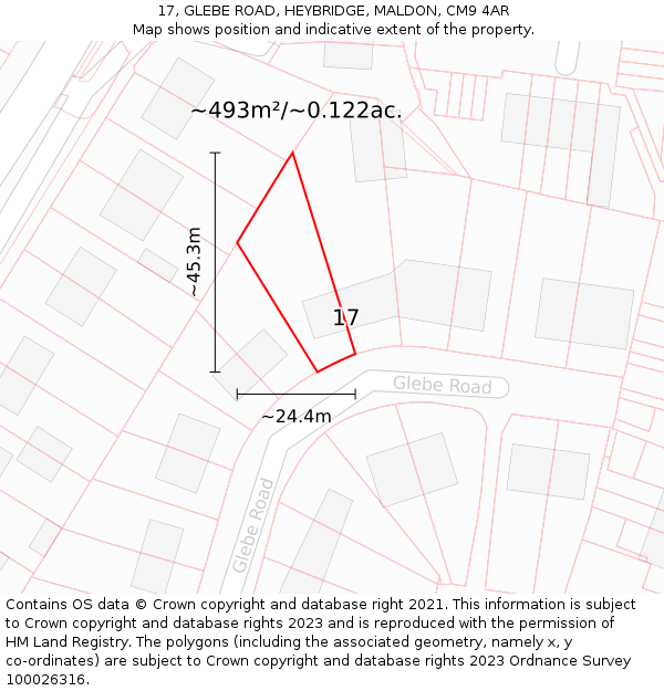 17, GLEBE ROAD, HEYBRIDGE, MALDON, CM9 4AR: Plot and title map