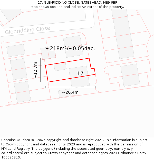 17, GLENRIDDING CLOSE, GATESHEAD, NE9 6BF: Plot and title map
