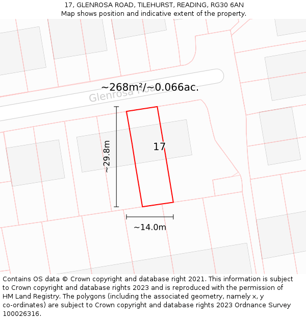 17, GLENROSA ROAD, TILEHURST, READING, RG30 6AN: Plot and title map