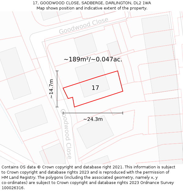 17, GOODWOOD CLOSE, SADBERGE, DARLINGTON, DL2 1WA: Plot and title map