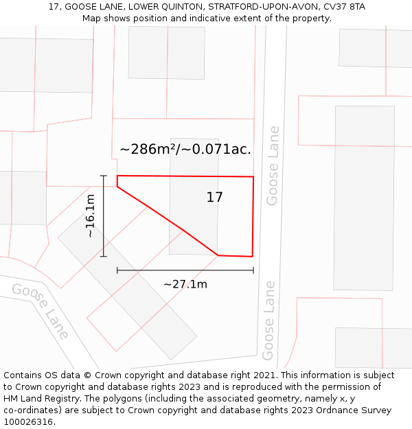 17, GOOSE LANE, LOWER QUINTON, STRATFORD-UPON-AVON, CV37 8TA: Plot and title map