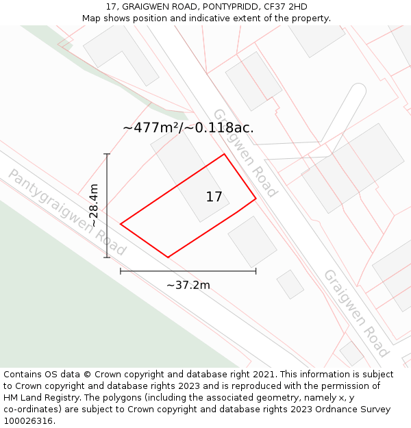 17, GRAIGWEN ROAD, PONTYPRIDD, CF37 2HD: Plot and title map