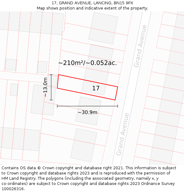 17, GRAND AVENUE, LANCING, BN15 9PX: Plot and title map