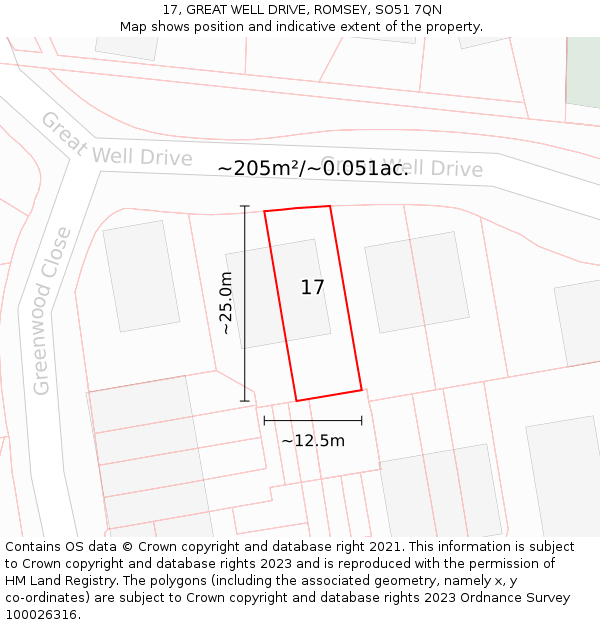 17, GREAT WELL DRIVE, ROMSEY, SO51 7QN: Plot and title map