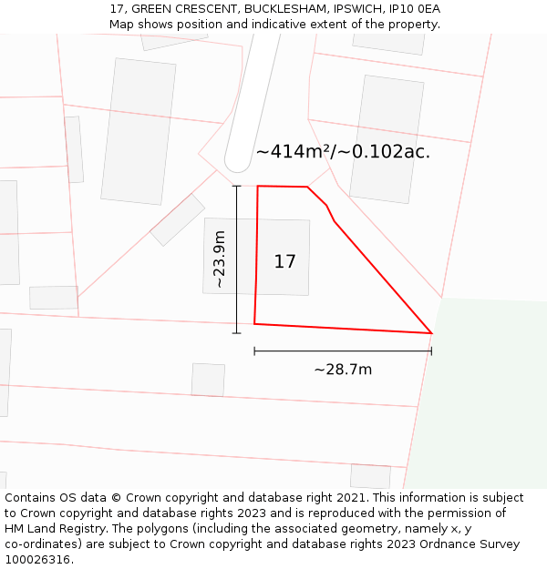17, GREEN CRESCENT, BUCKLESHAM, IPSWICH, IP10 0EA: Plot and title map