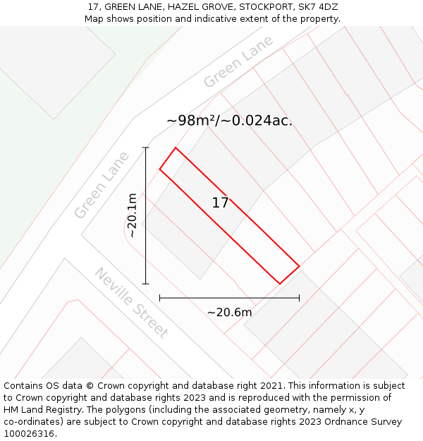 17, GREEN LANE, HAZEL GROVE, STOCKPORT, SK7 4DZ: Plot and title map