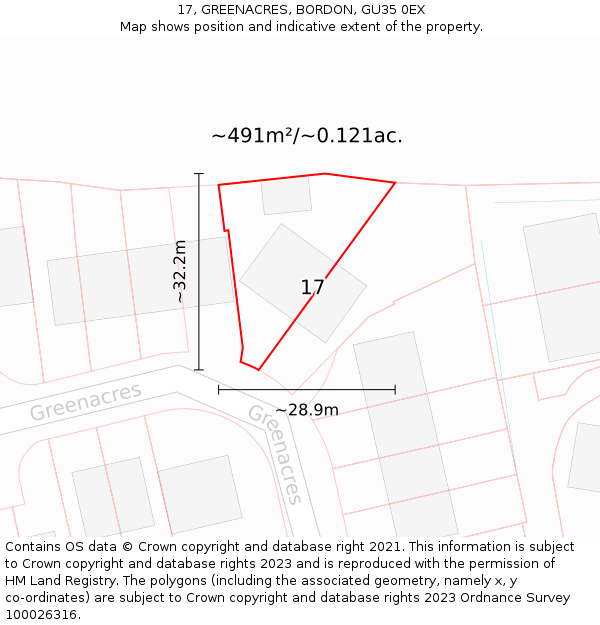 17, GREENACRES, BORDON, GU35 0EX: Plot and title map