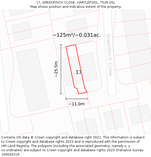 17, GREENFINCH CLOSE, HARTLEPOOL, TS26 0SL: Plot and title map