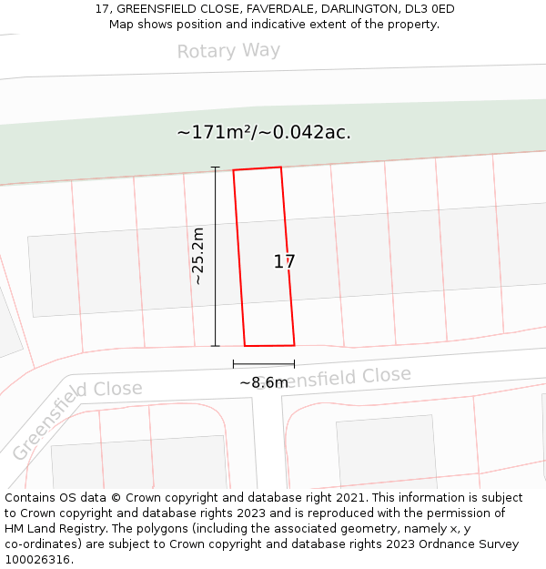 17, GREENSFIELD CLOSE, FAVERDALE, DARLINGTON, DL3 0ED: Plot and title map
