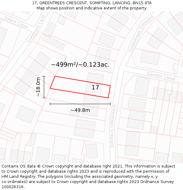 17, GREENTREES CRESCENT, SOMPTING, LANCING, BN15 9TA: Plot and title map
