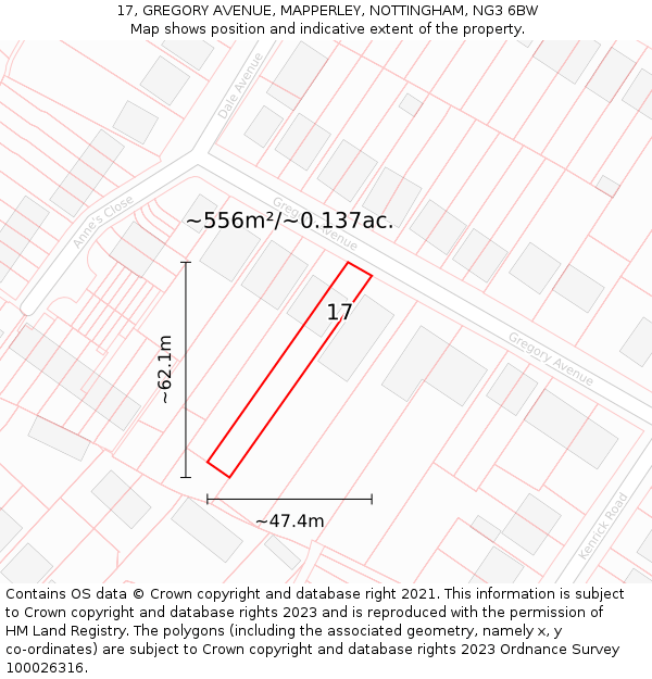17, GREGORY AVENUE, MAPPERLEY, NOTTINGHAM, NG3 6BW: Plot and title map