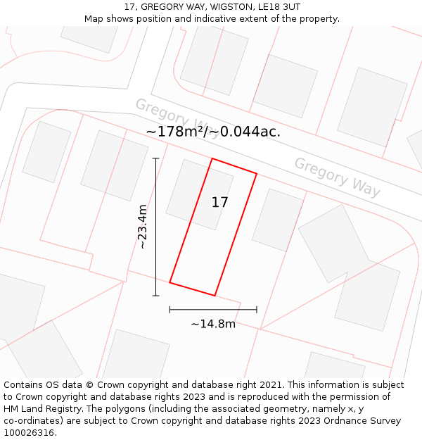 17, GREGORY WAY, WIGSTON, LE18 3UT: Plot and title map