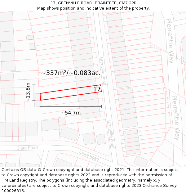 17, GRENVILLE ROAD, BRAINTREE, CM7 2PP: Plot and title map