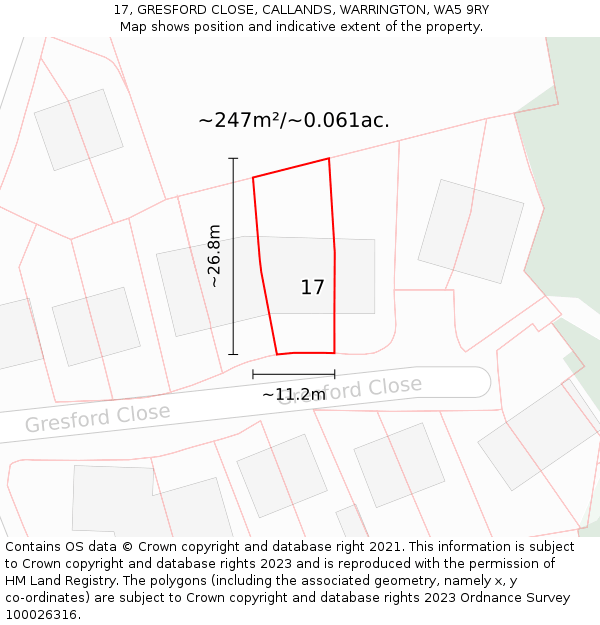 17, GRESFORD CLOSE, CALLANDS, WARRINGTON, WA5 9RY: Plot and title map