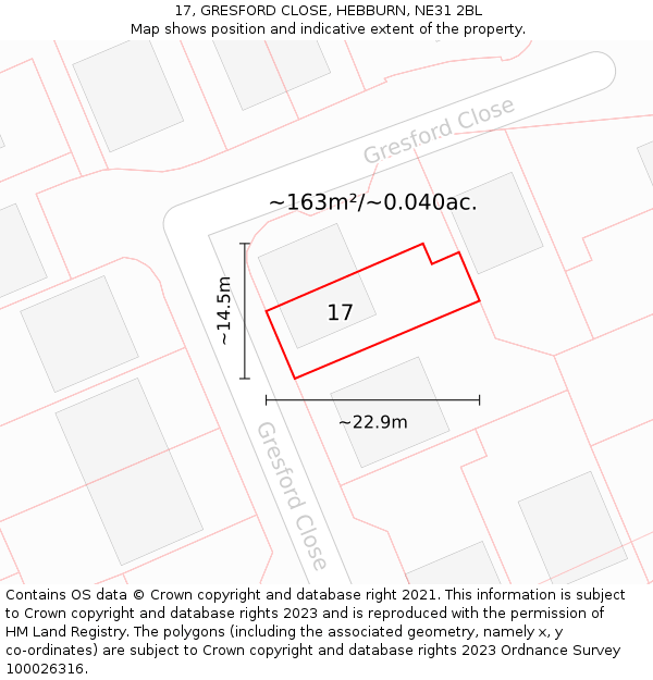 17, GRESFORD CLOSE, HEBBURN, NE31 2BL: Plot and title map